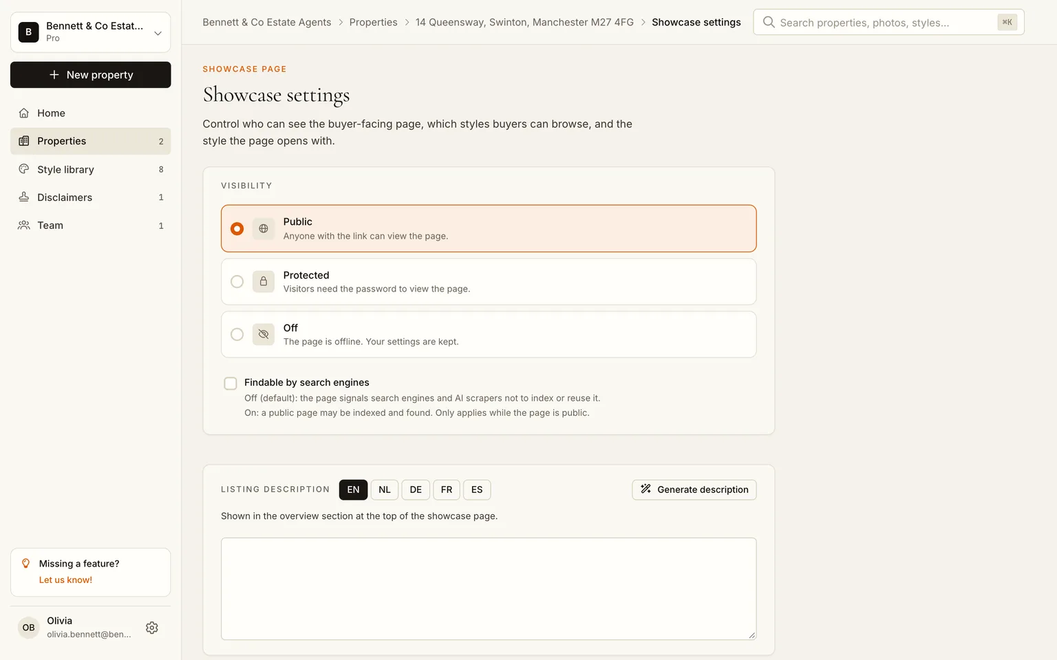 The showcase settings page with visibility set to public