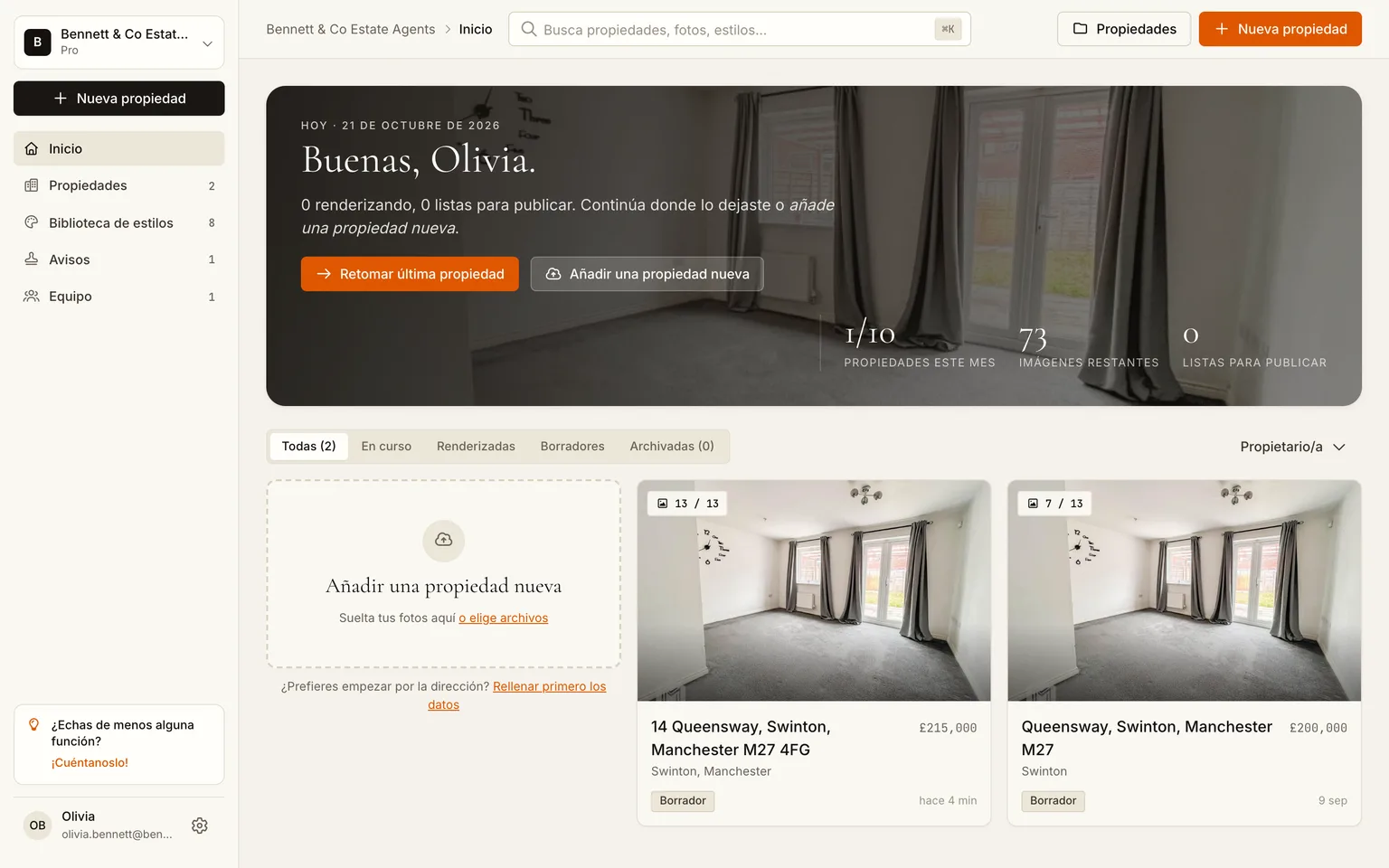 La página de inicio del espacio de trabajo de una agencia inmobiliaria con sus viviendas