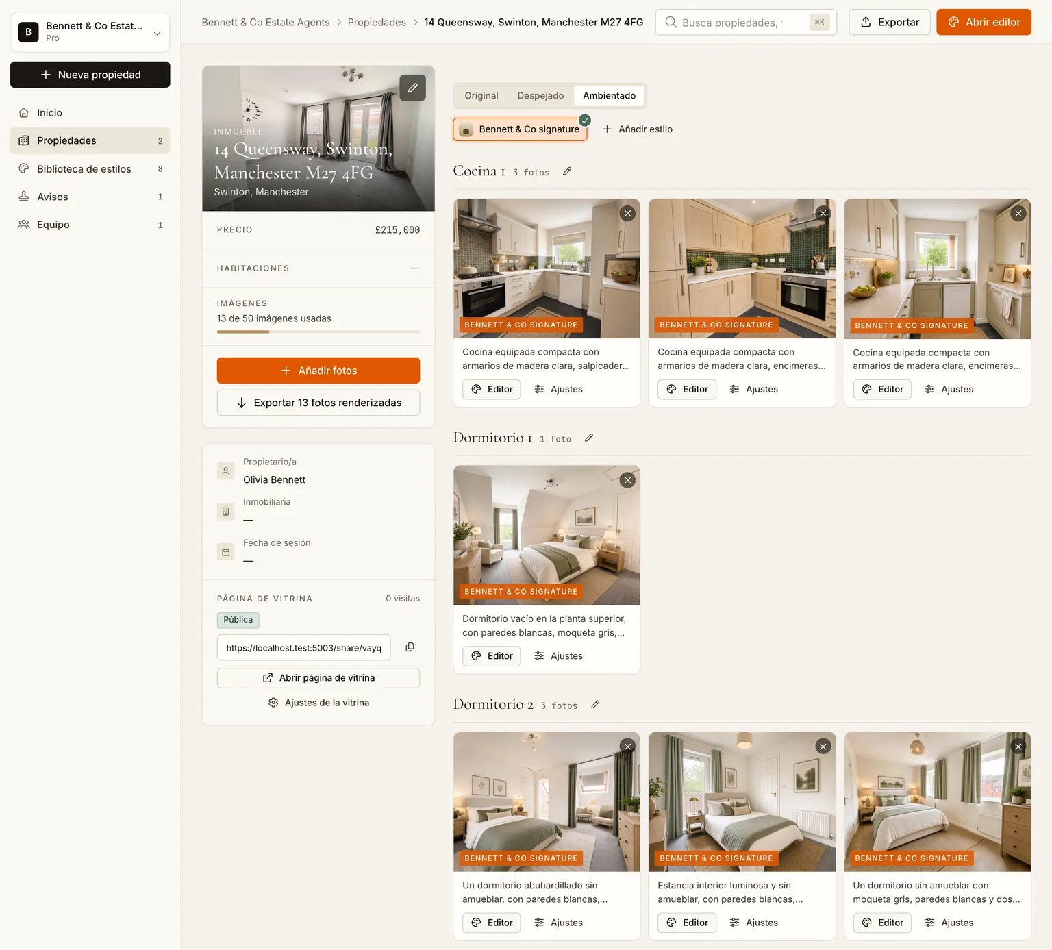 La pestaña Ambientado con todas las habitaciones del anuncio en el estilo de la agencia