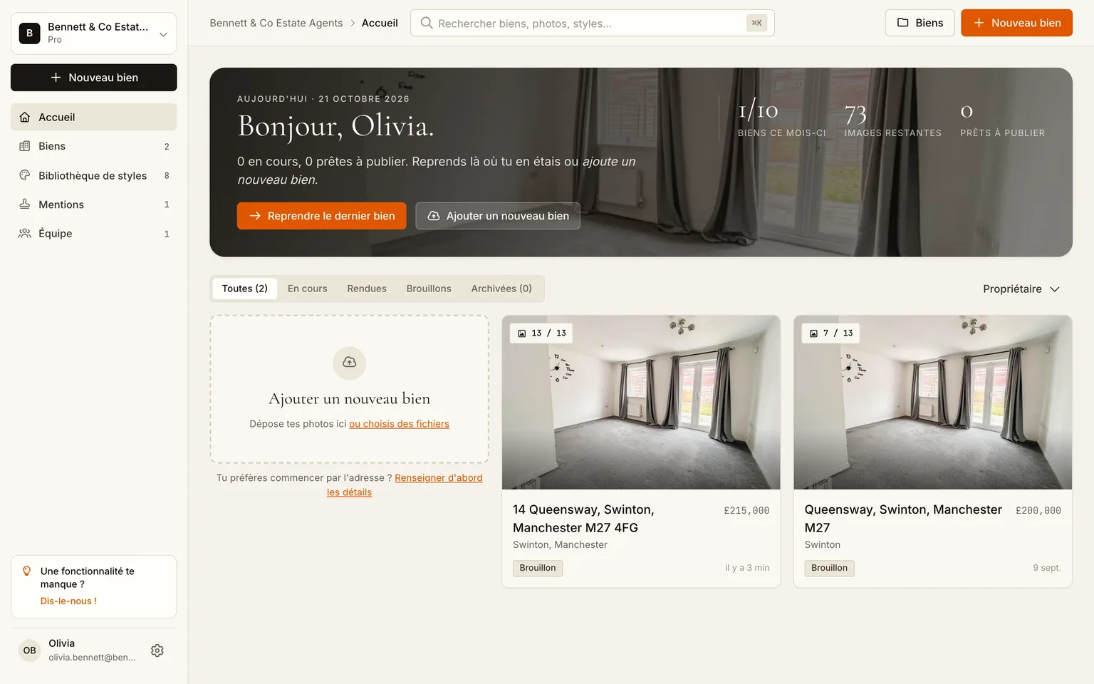 La page d'accueil de l'espace d'une agence immobilière avec ses biens