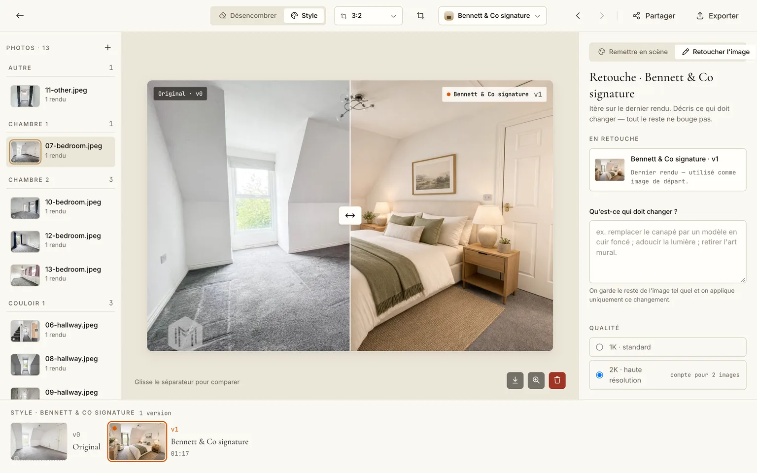 L'éditeur montrant une chambre aménagée avec la frise des versions et le panneau de rendu