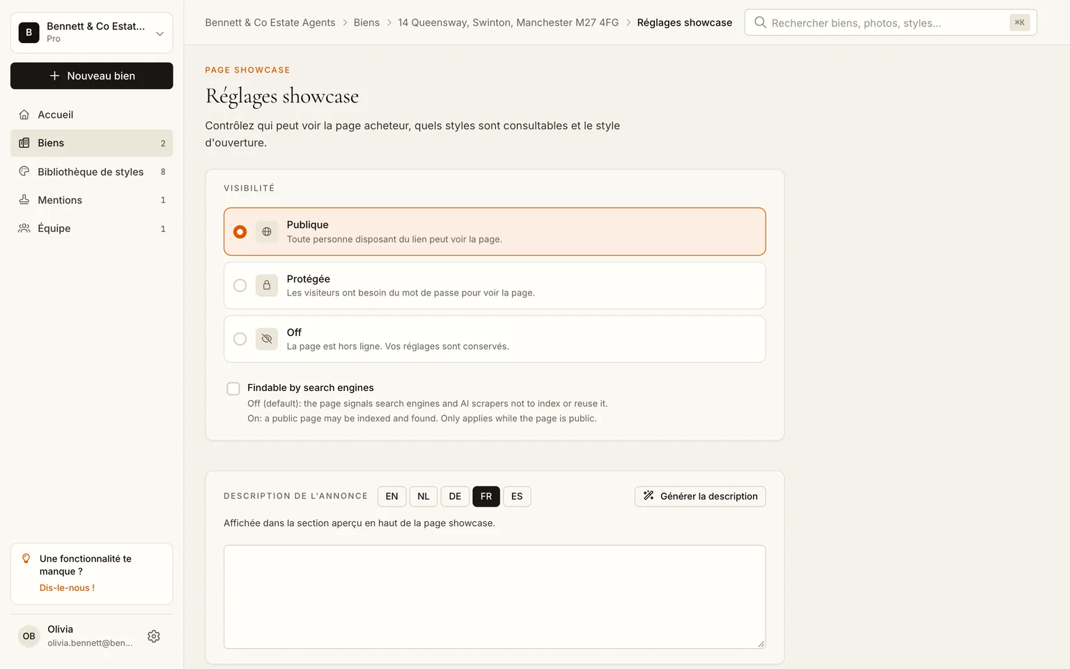 La page des réglages showcase avec la visibilité réglée sur publique