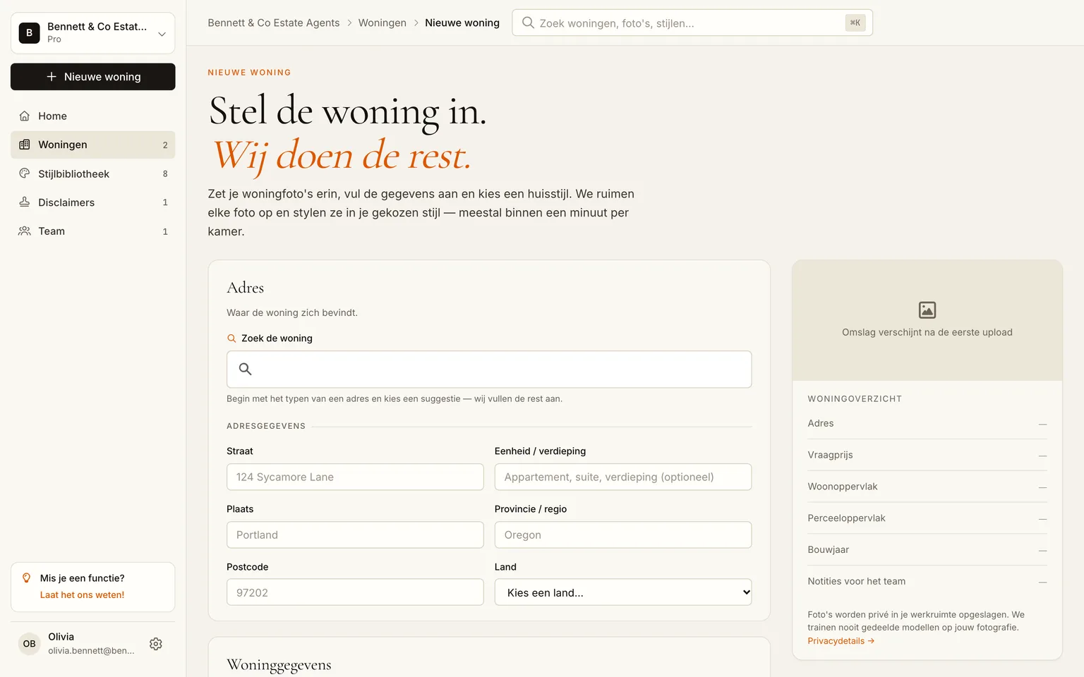 Het formulier voor een nieuwe woning met adres en vraagprijs