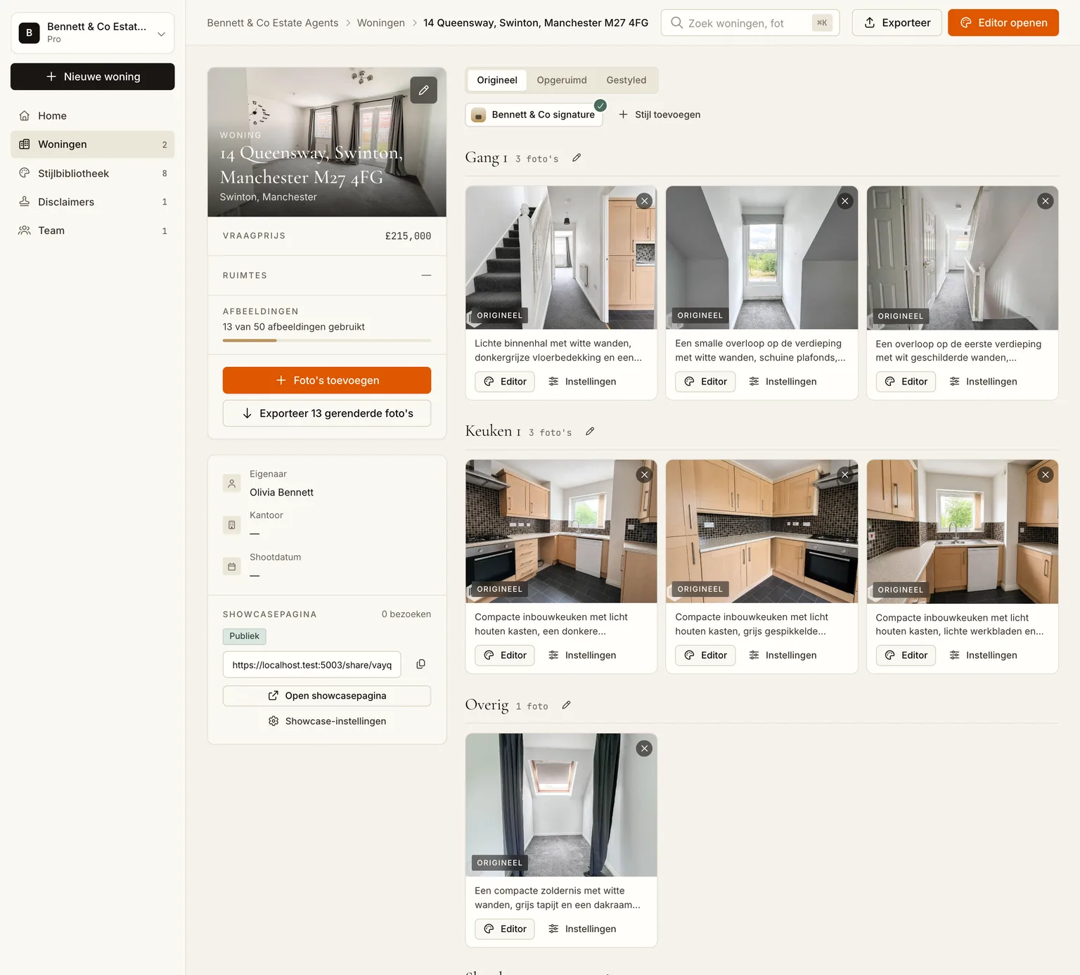 Dertien afgewerkte foto's gesorteerd in woonkamer, keuken, slaapkamers en hal