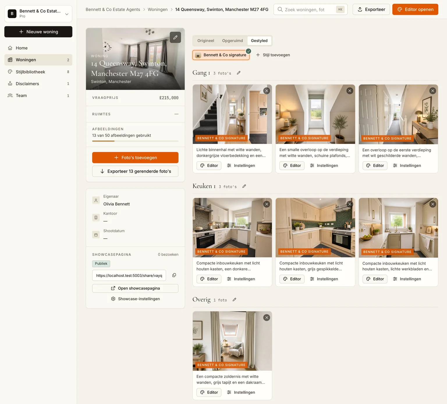 Het tabblad Gestyled met elke kamer van de listing in de huisstijl van het kantoor