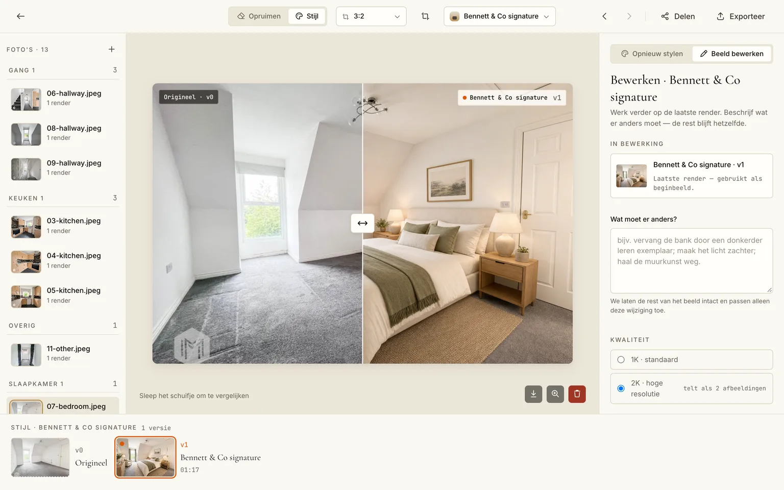De editor met een gestylede slaapkamer naast het origineel, met het renderpaneel en de versiestrook