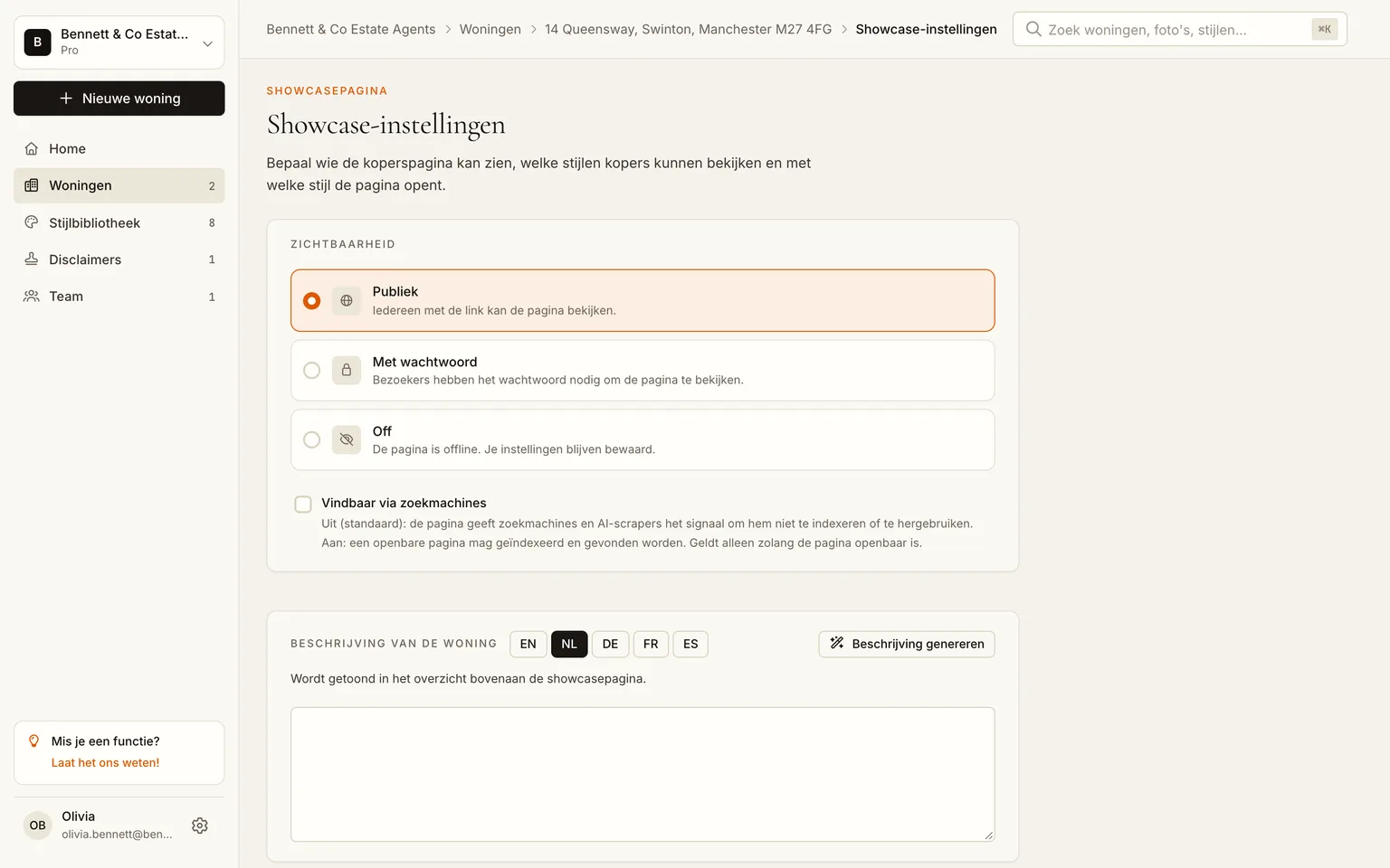 De pagina met showcase-instellingen, zichtbaarheid op publiek