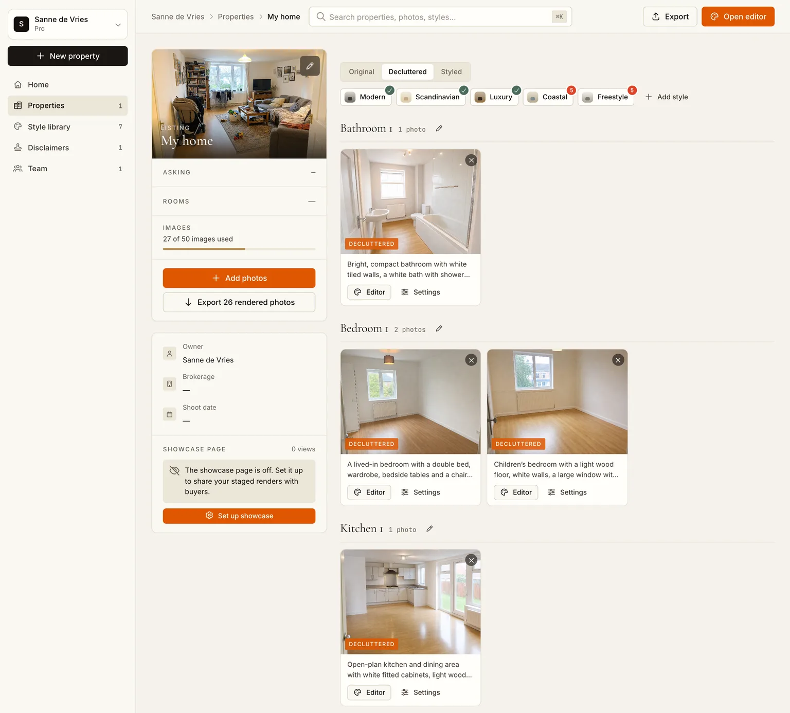 The Decluttered tab with every room rendered empty