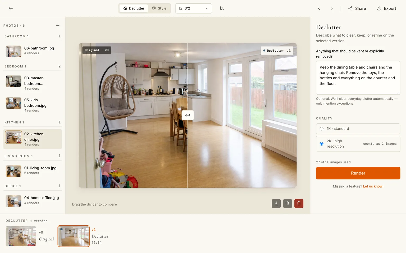 The editor in Declutter mode with an instruction to keep the dining set and the hanging chair and remove the clutter