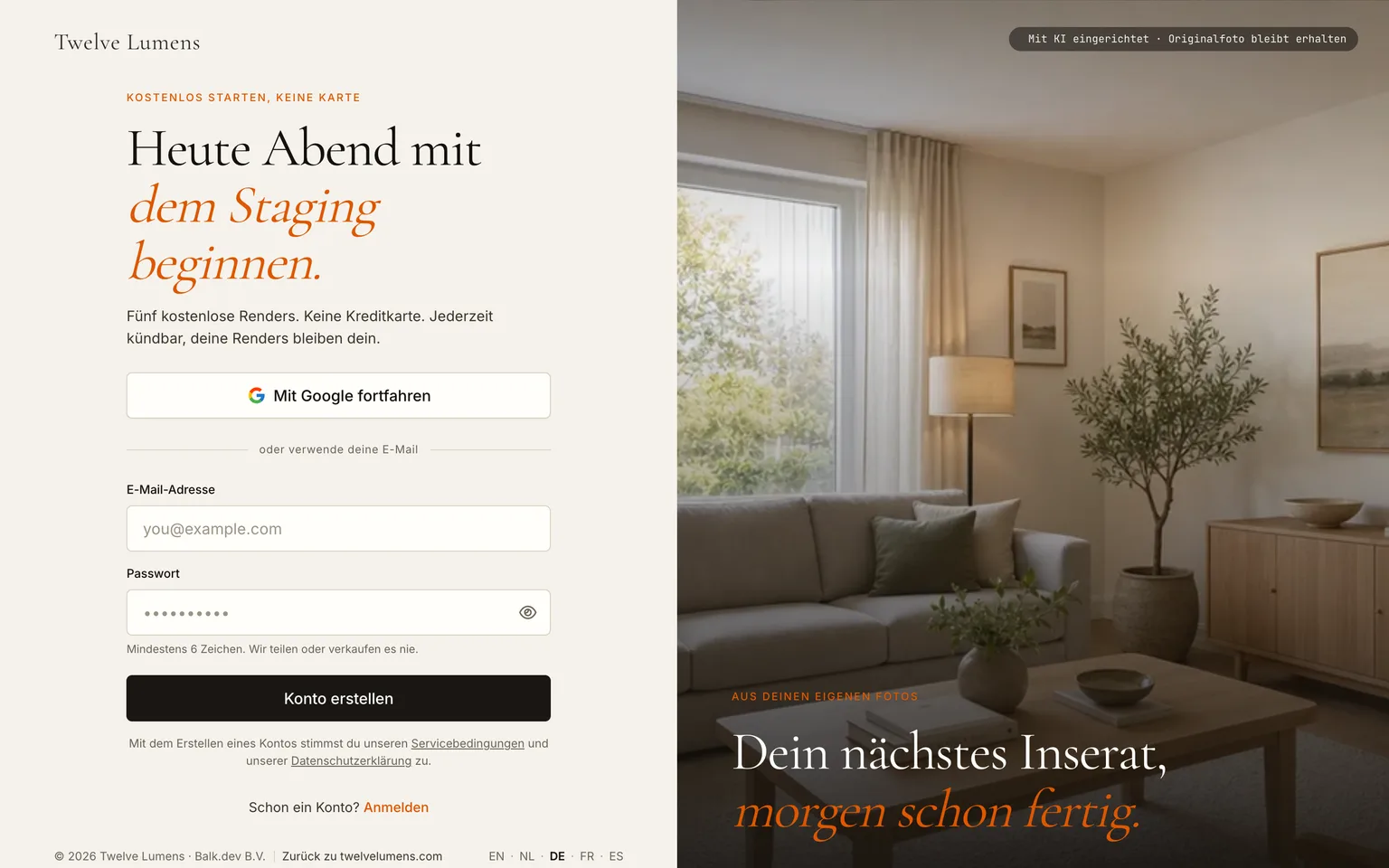 Die Registrierungsseite von Twelve Lumens mit Feldern für E-Mail und Passwort