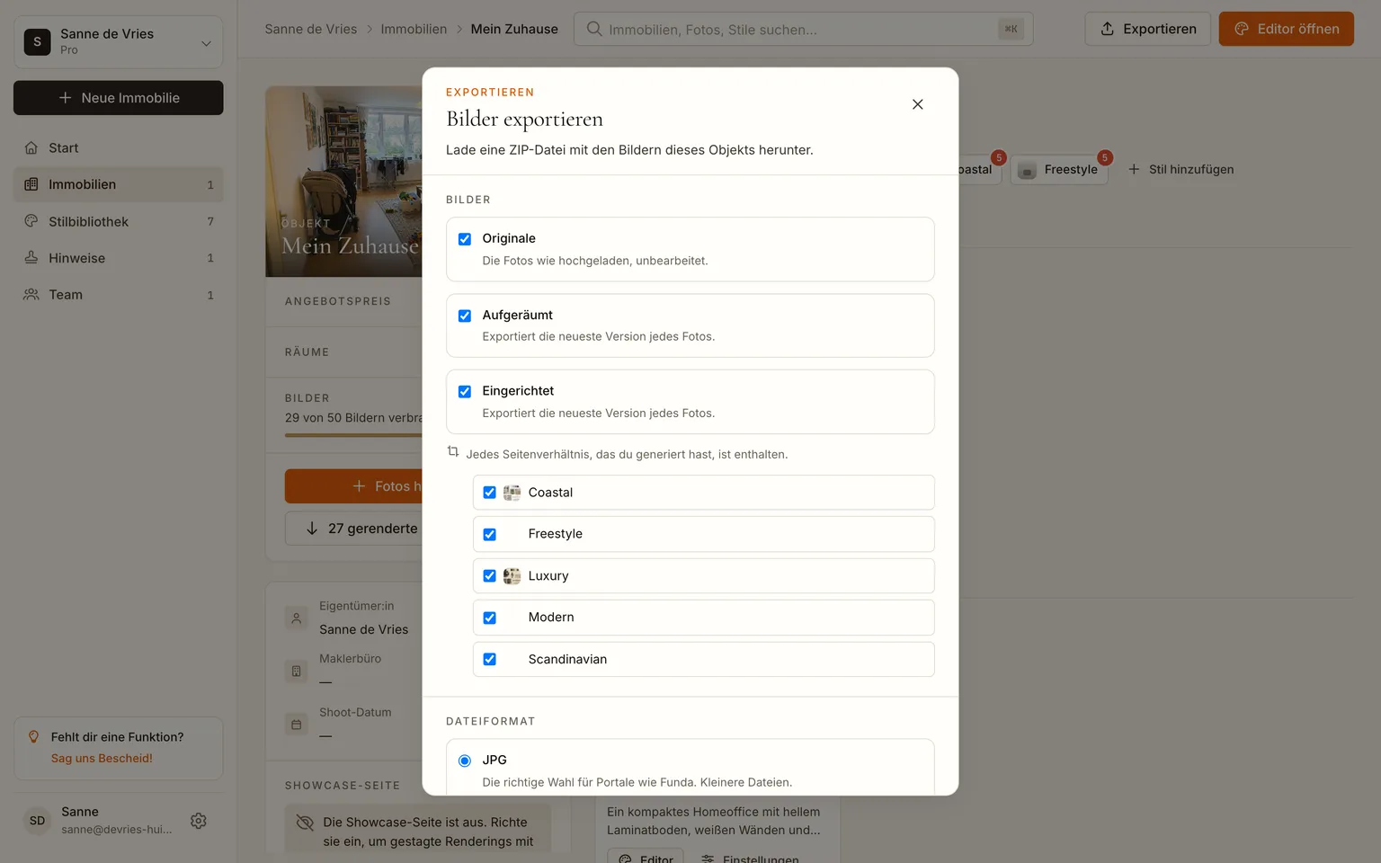 Der Exportdialog mit angehakten Originalen, entrümpelten und eingerichteten Versionen, JPG-Format und der Option für die Hinweisleiste