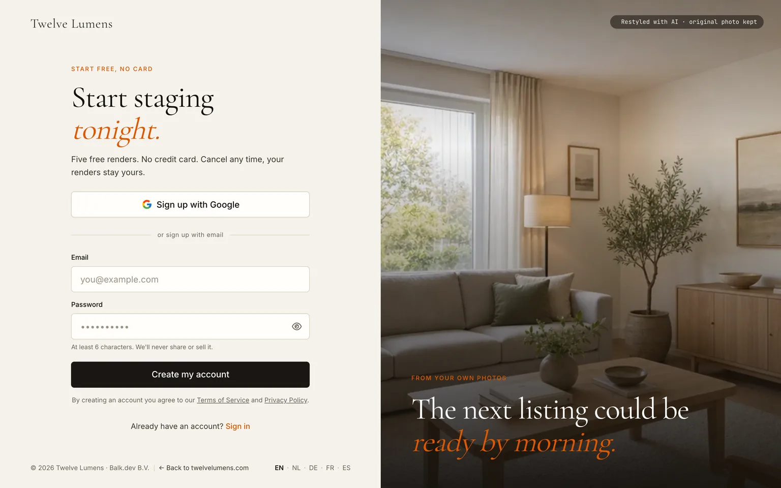 The Twelve Lumens sign-up page with email and password fields