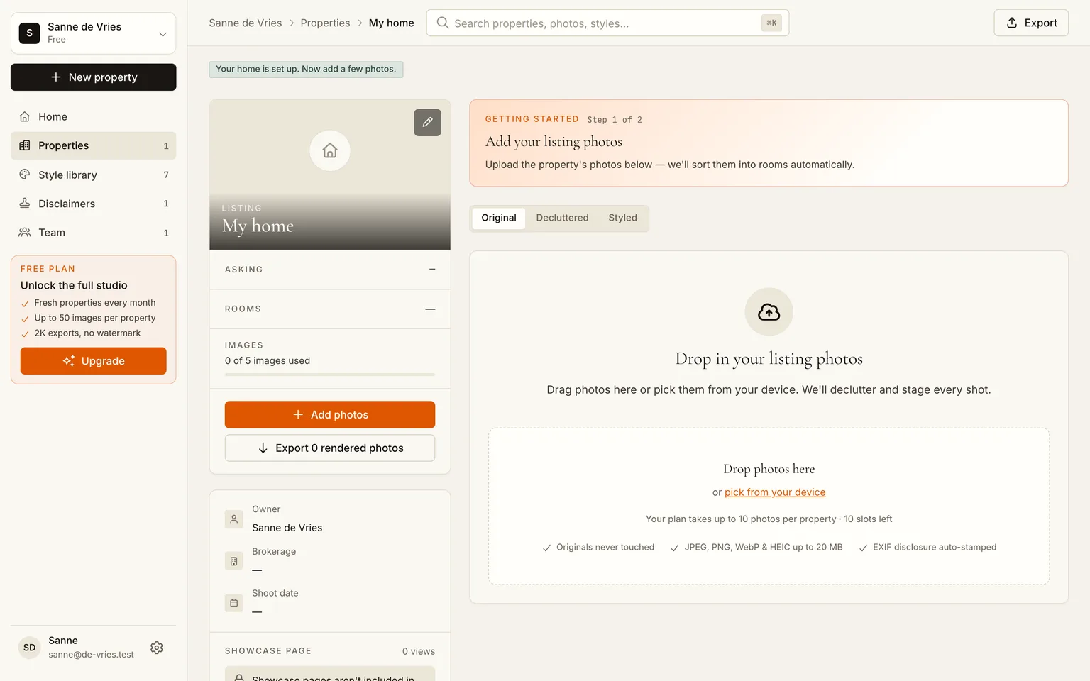An empty property page called My home with the upload dropzone and the getting-started banner