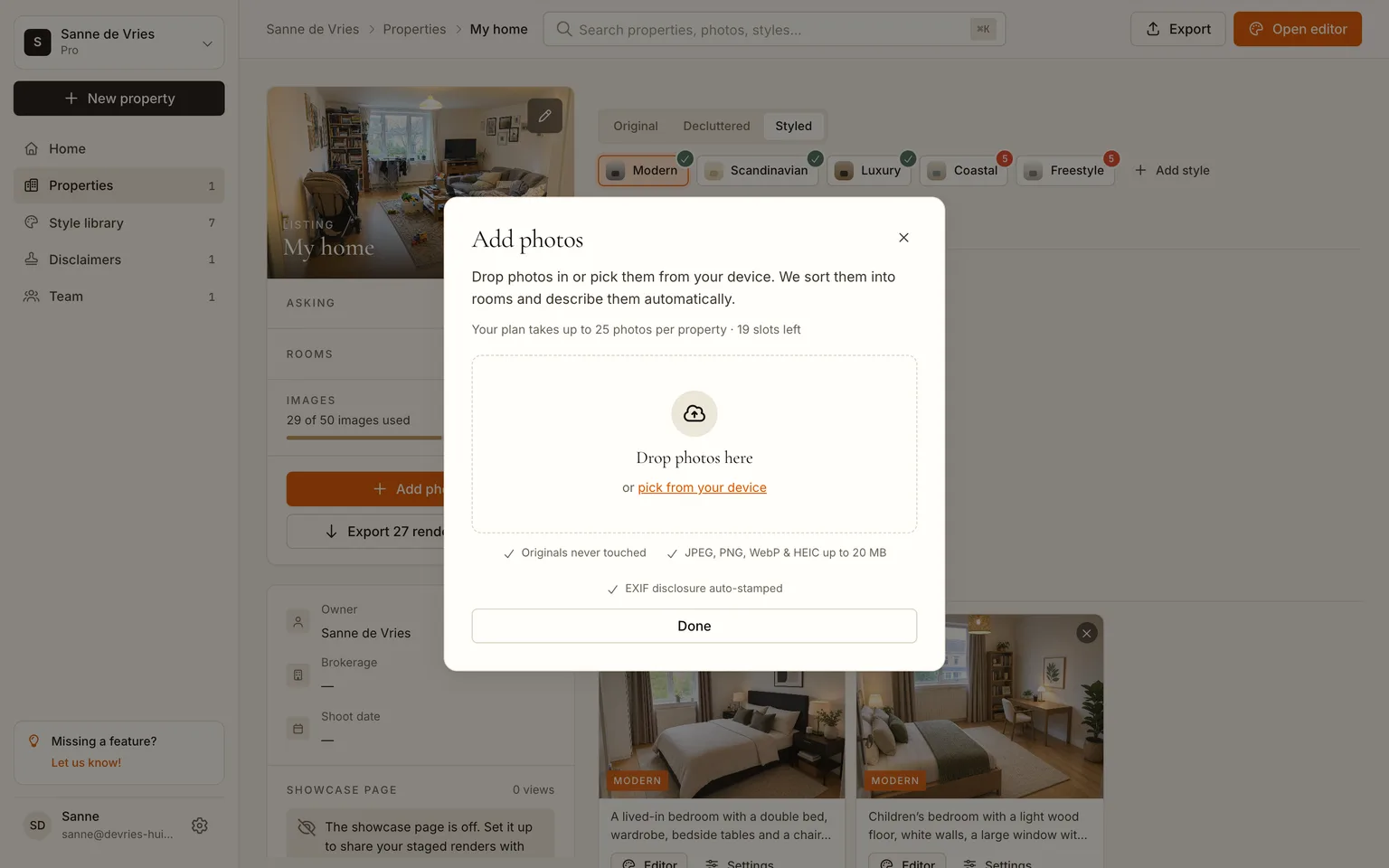 The Add photos dialog with the drop zone and accepted formats