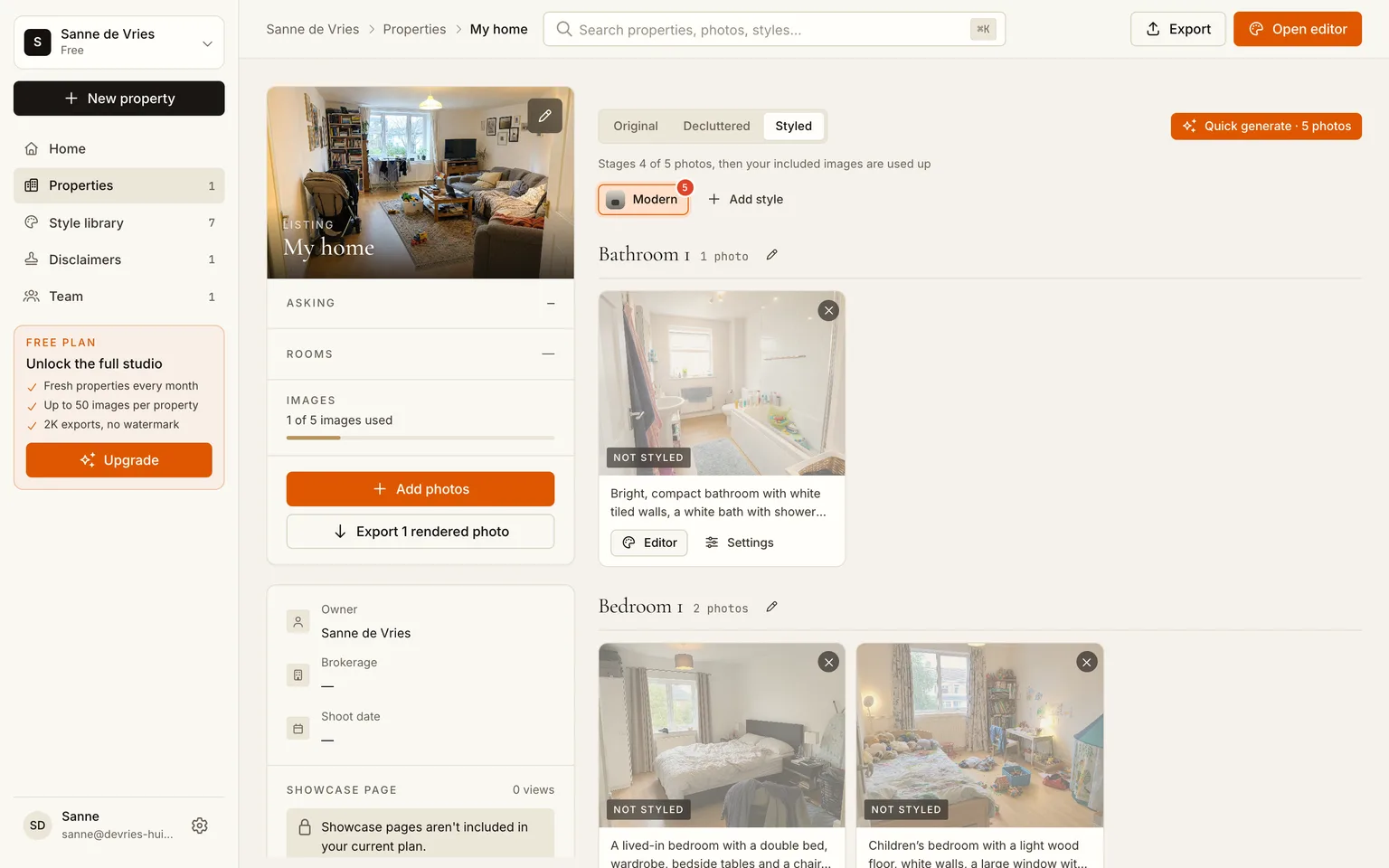 Der Tab „Eingerichtet" mit dem ersten automatischen Modern-Rendering neben den noch nicht eingerichteten Räumen