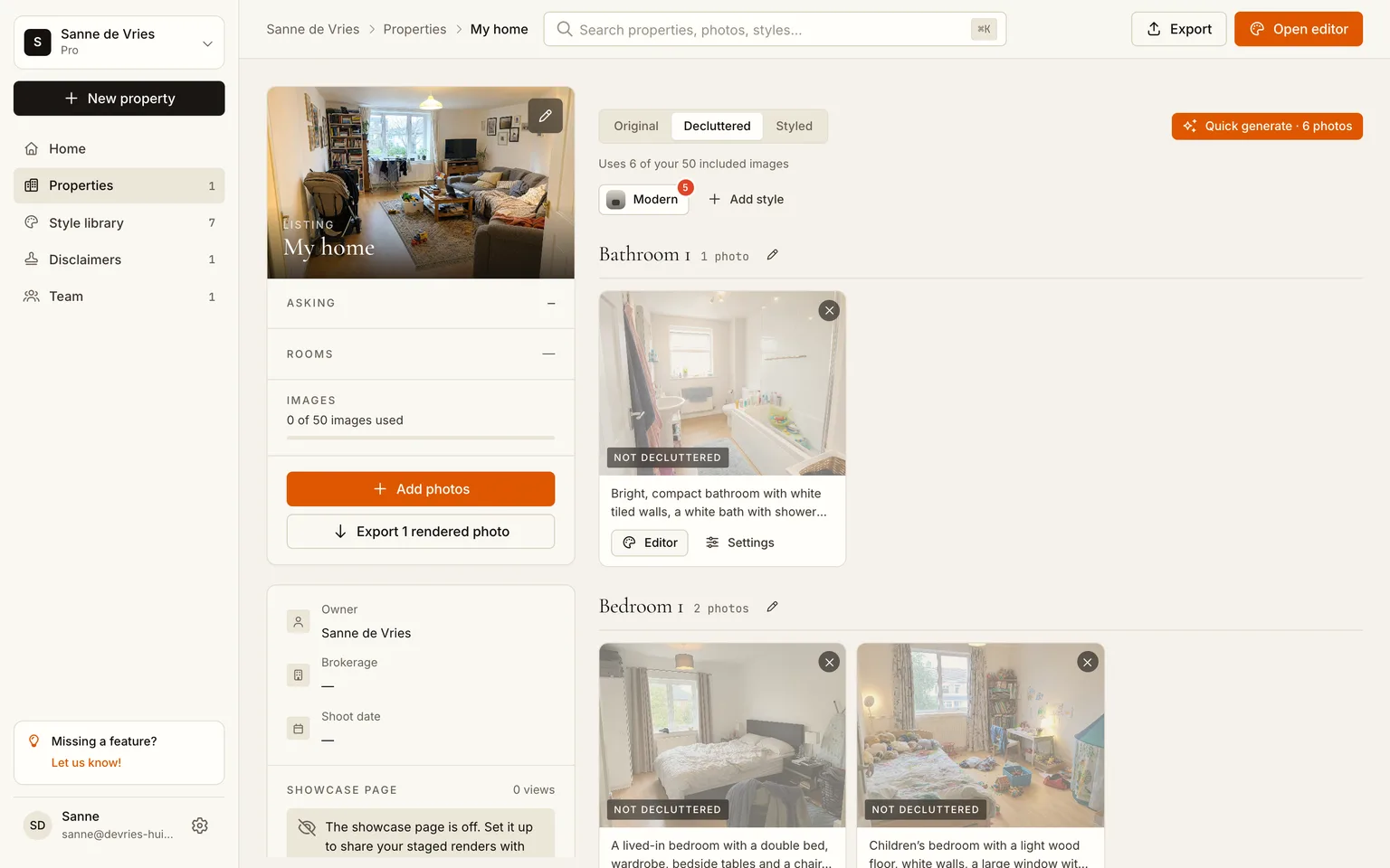 The Decluttered tab before any render, with the Quick generate button