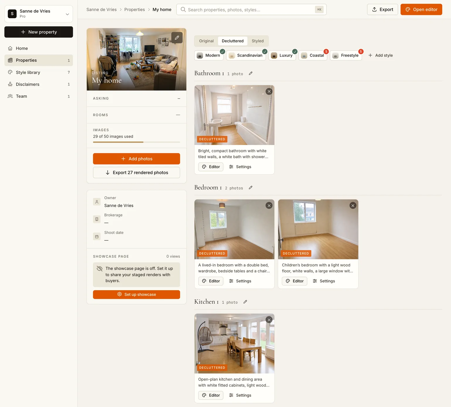 The Decluttered tab with every room rendered empty