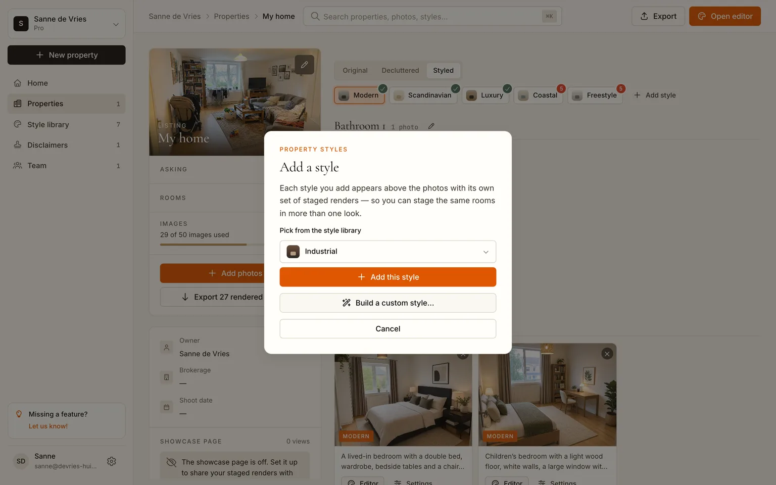The Add a style dialog with the style library dropdown