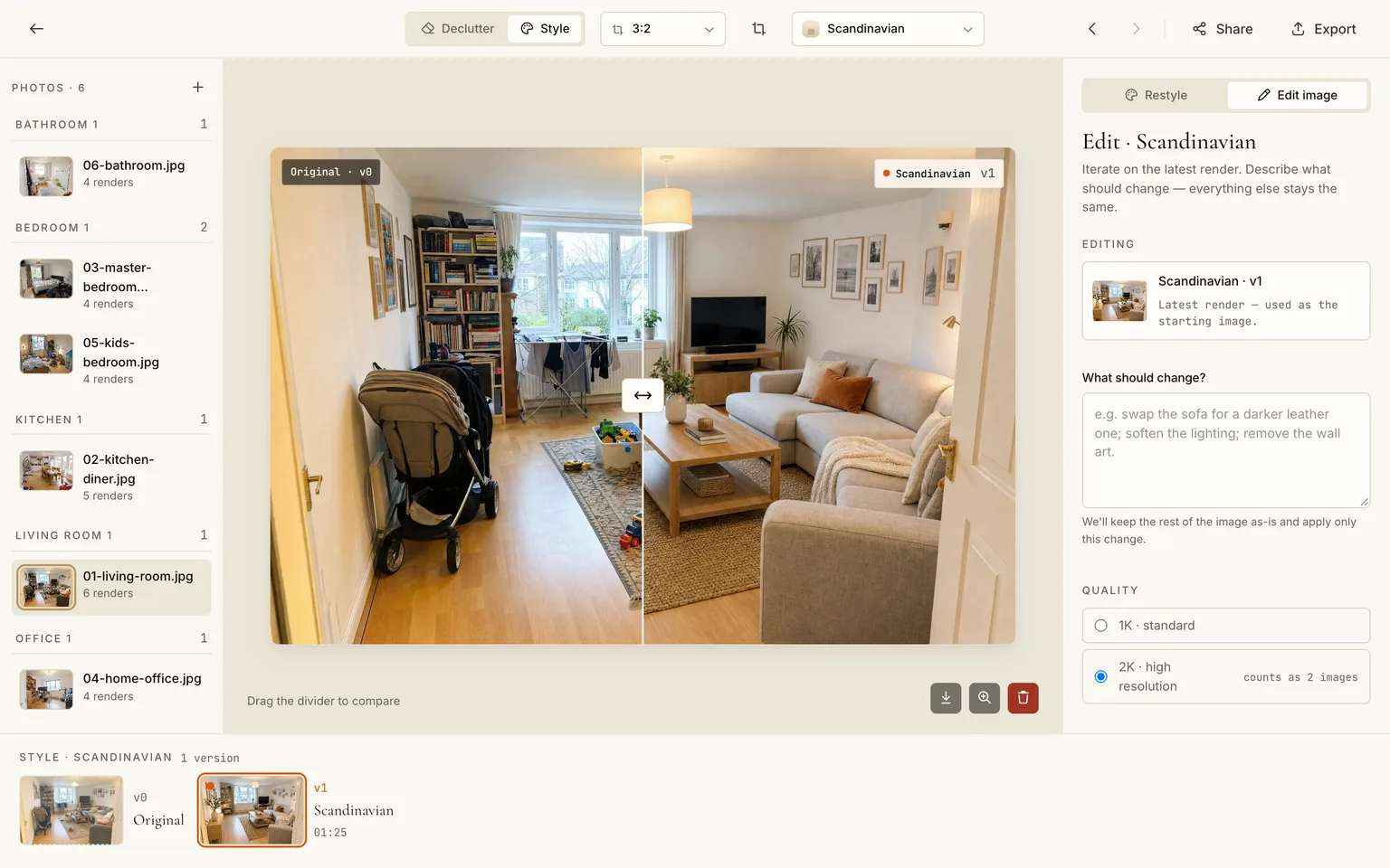 The editor with the living room render, the style dropdown and the version timeline