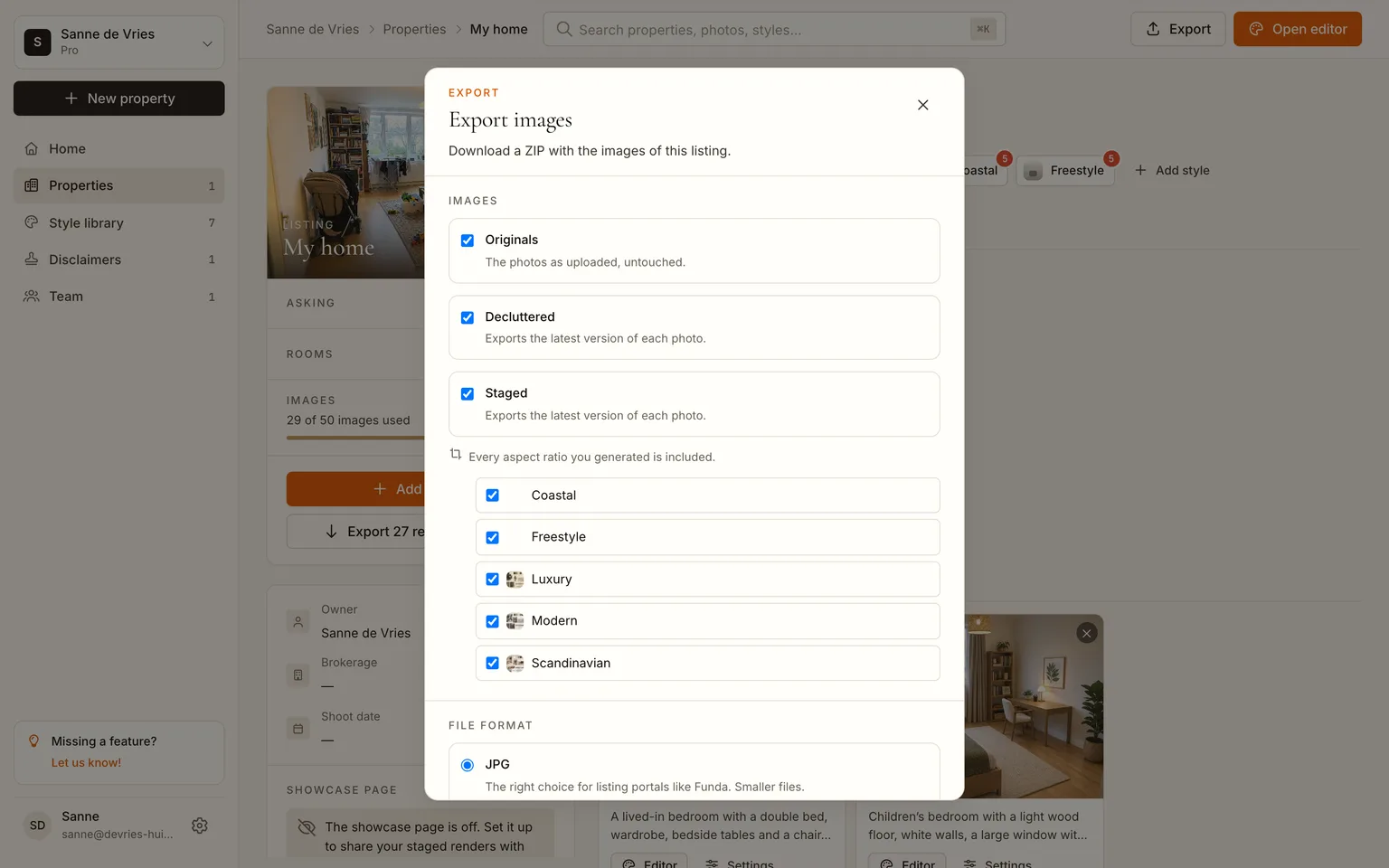 The export dialog with originals, decluttered and staged selected, JPG format and the disclosure bar option