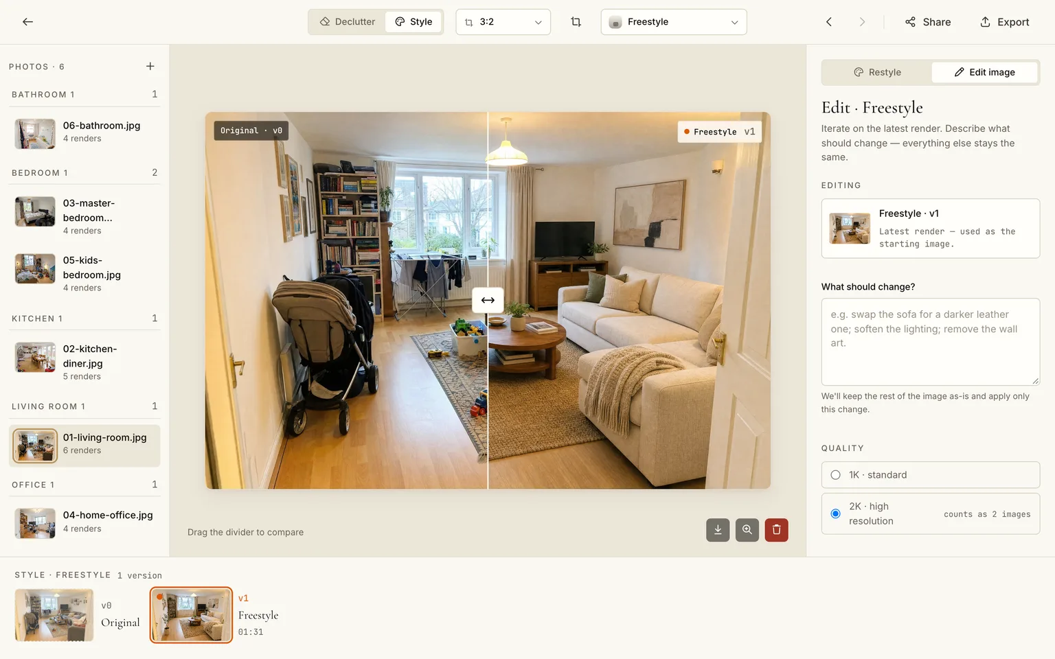 The living room rendered from the Freestyle description