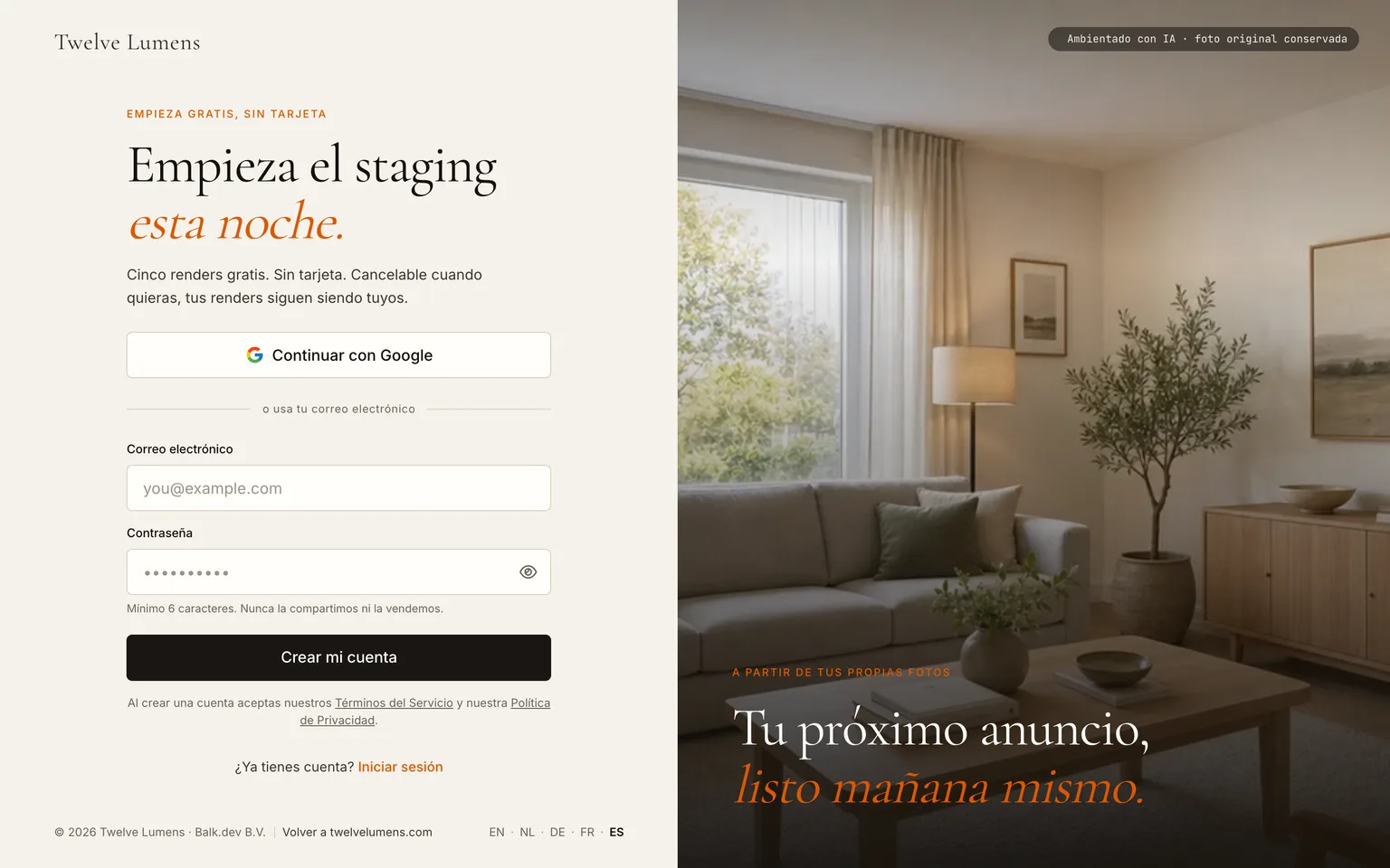 La página de registro de Twelve Lumens con los campos de correo y contraseña