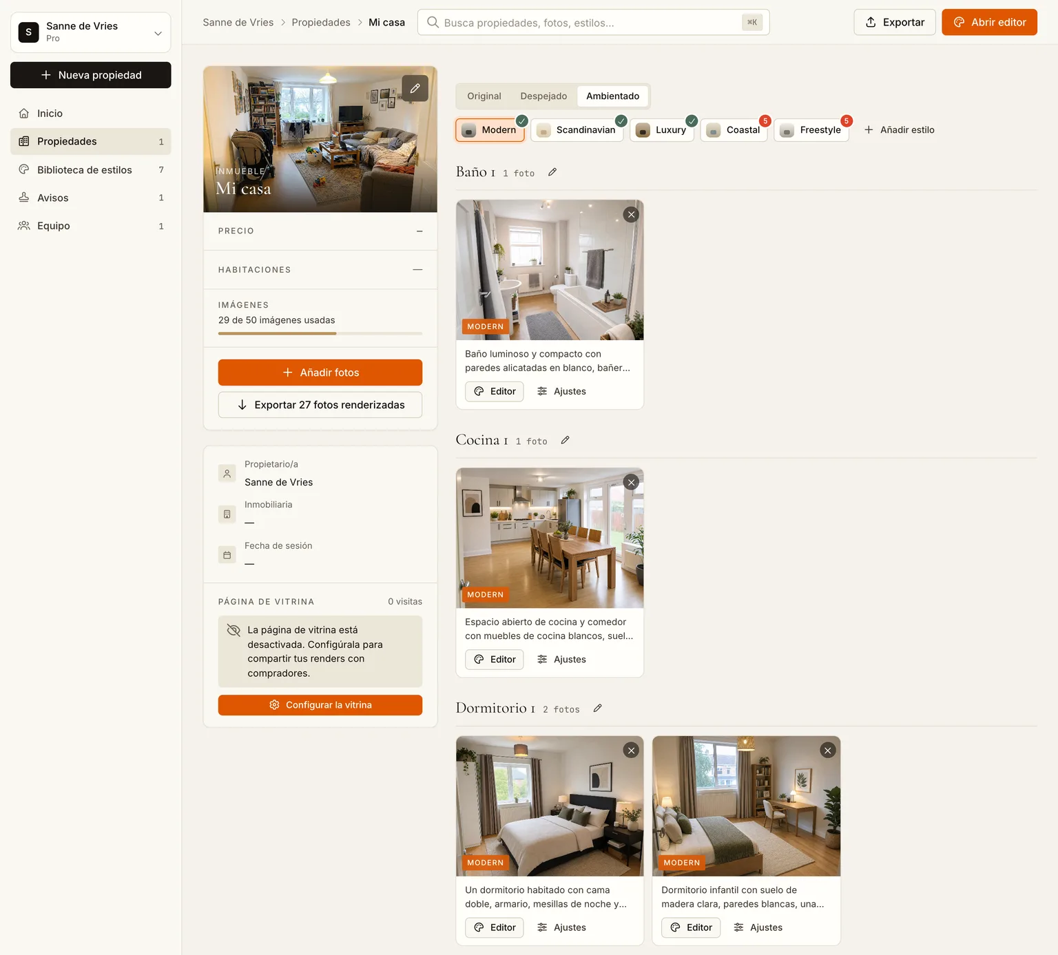 La pestaña Ambientado con todas las habitaciones en estilo Moderno
