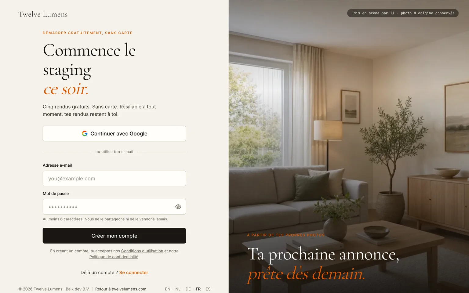 La page d'inscription de Twelve Lumens avec les champs e-mail et mot de passe