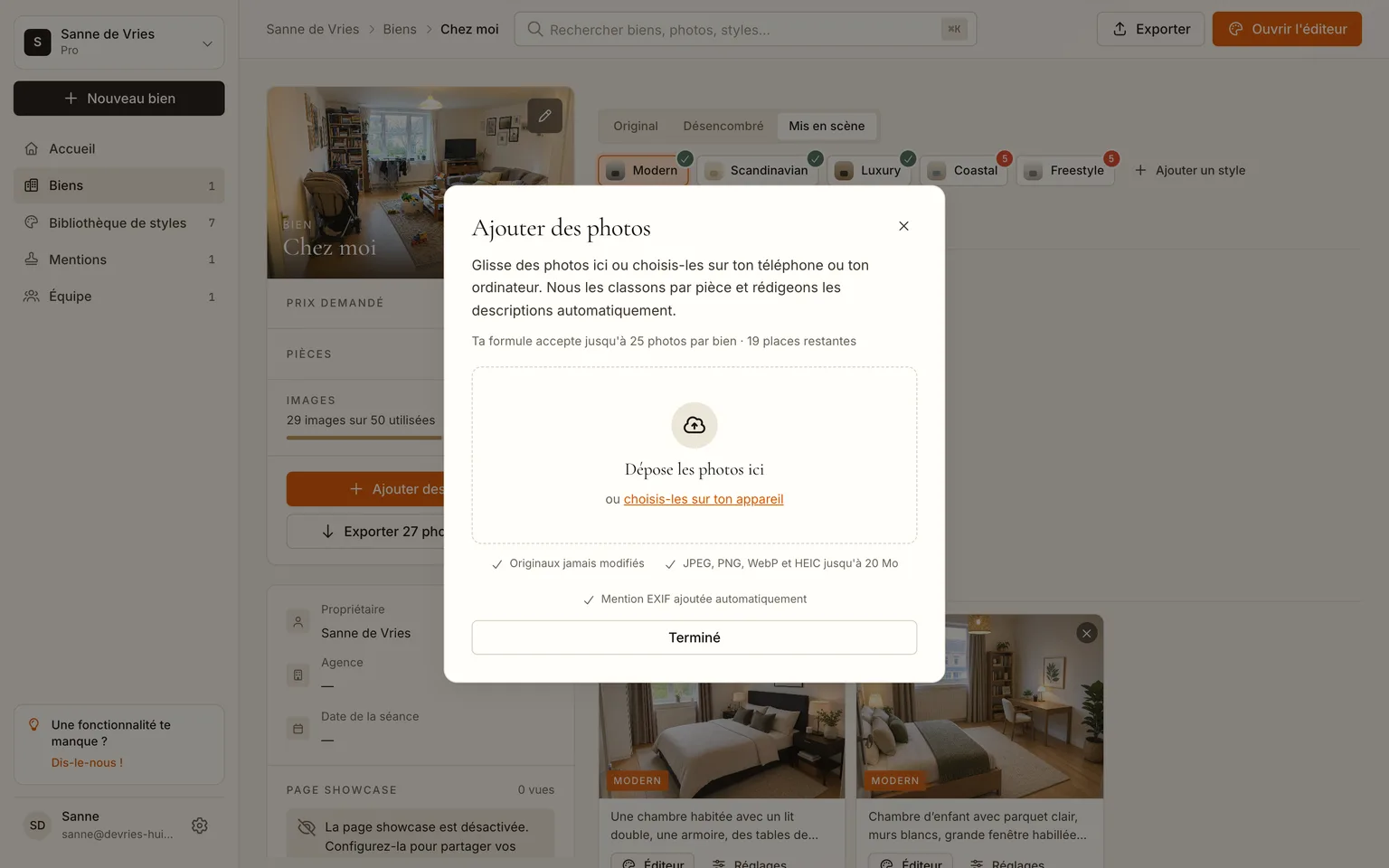 La fenêtre Ajouter des photos avec la zone de dépôt et les formats acceptés