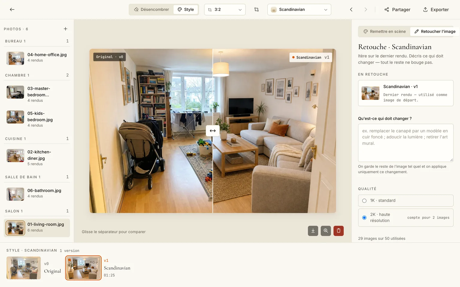 L'éditeur avec le rendu du salon, le menu des styles et la frise des versions