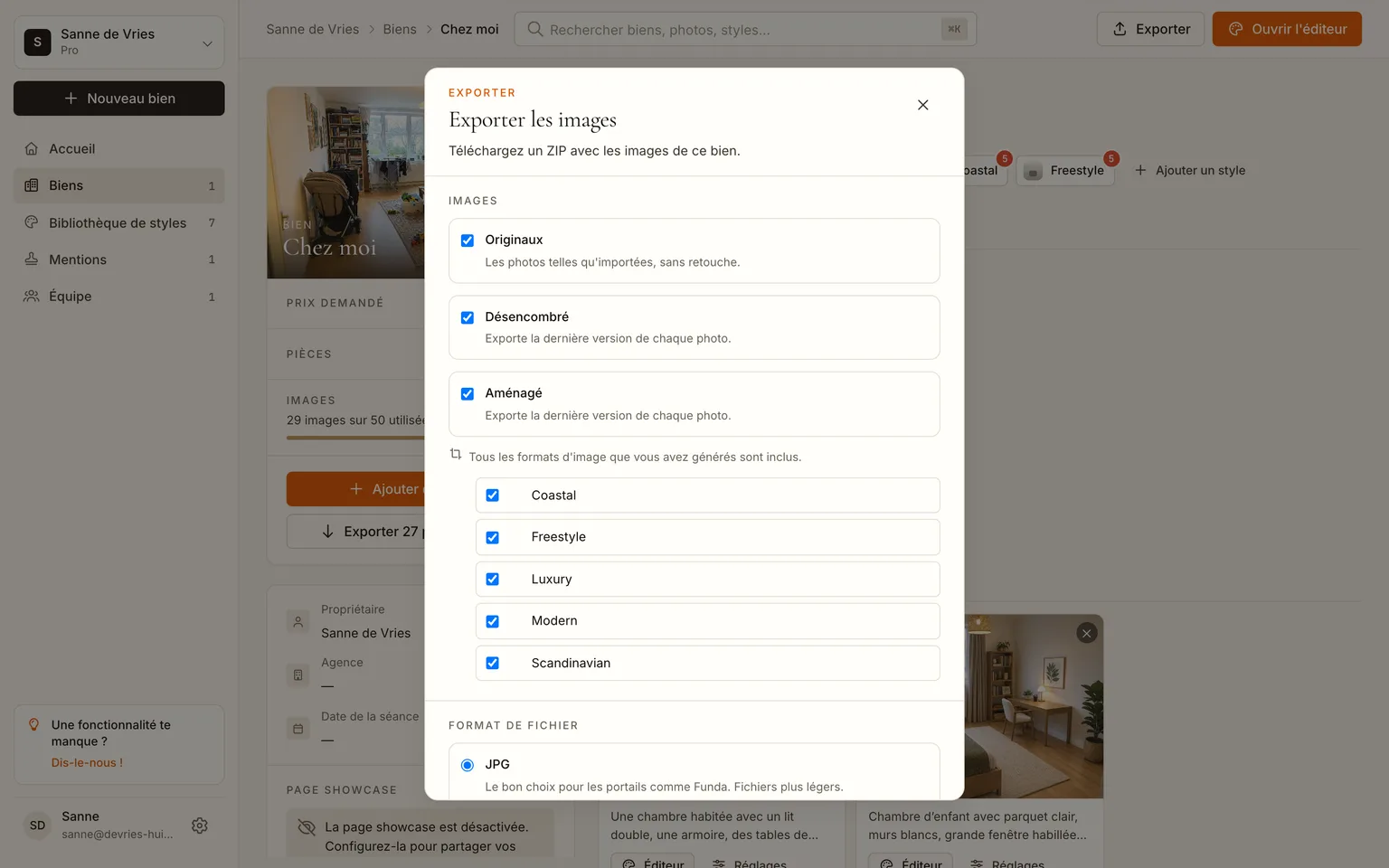 La fenêtre d'export avec originaux, désencombré et mis en scène cochés, le format JPG et l'option de bannière de mention
