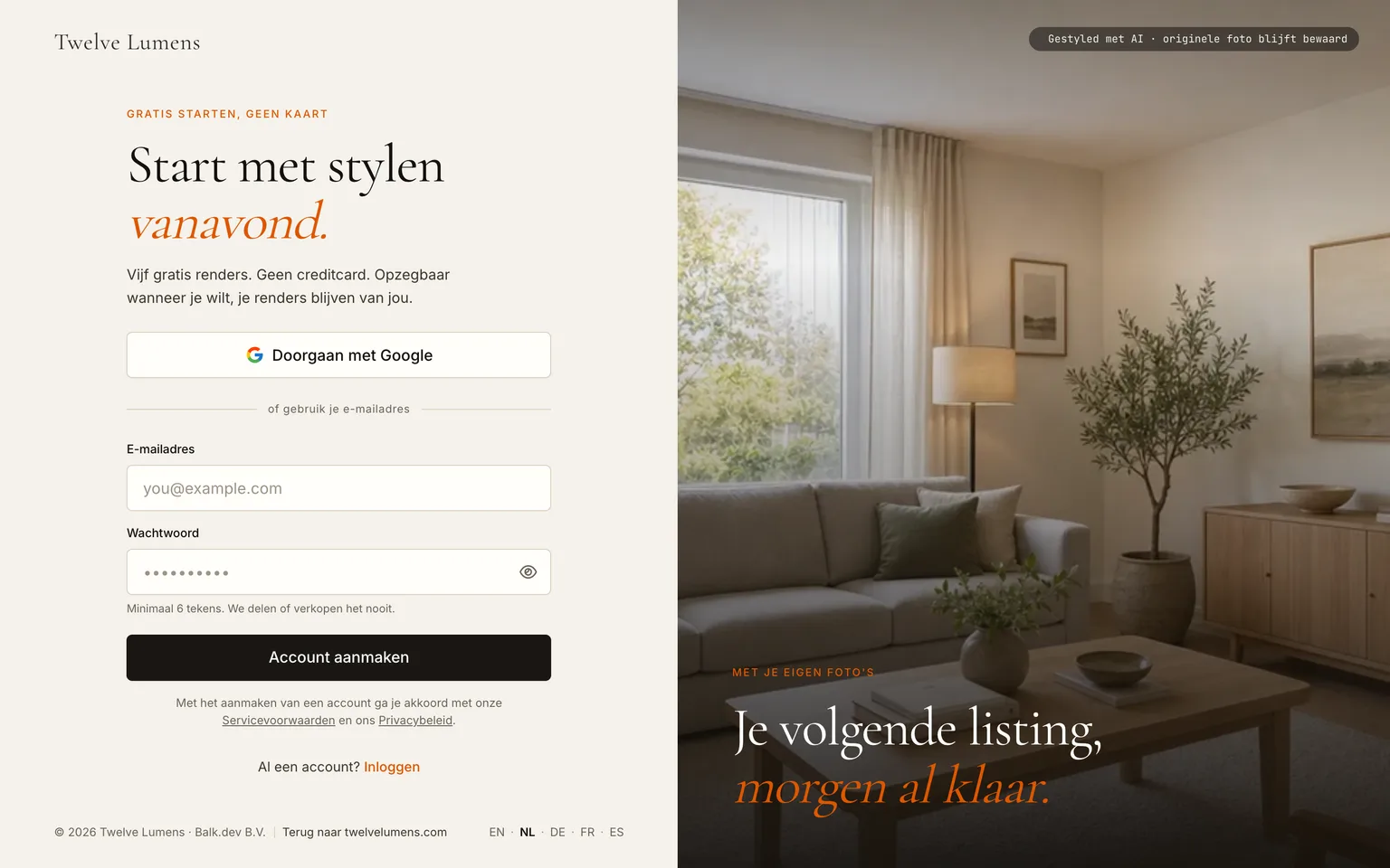 De registratiepagina van Twelve Lumens met velden voor e-mail en wachtwoord