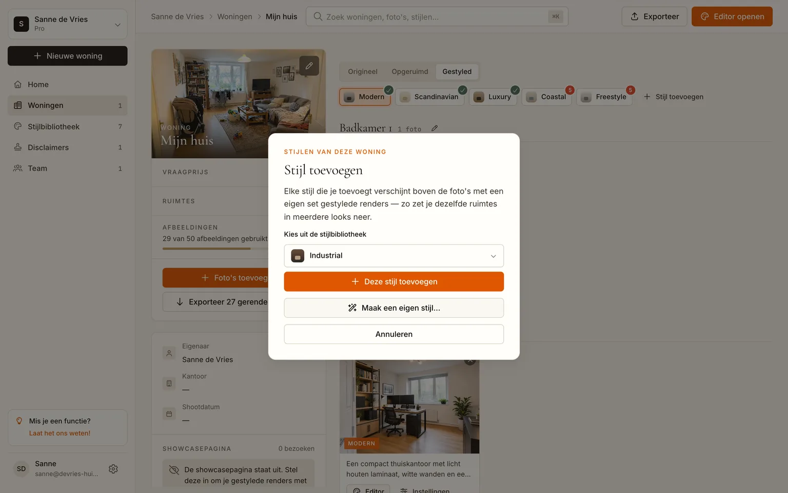 Het venster Stijl toevoegen met de keuzelijst uit de stijlbibliotheek