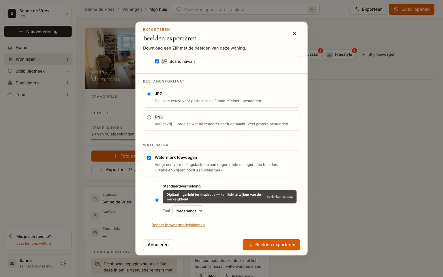 Het exportvenster met het JPG-formaat en een voorbeeld van de vermeldingsbalk