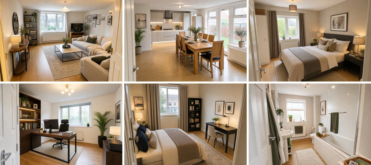 Alle zes kamers van de voorbeeldwoning in luxe stijl
