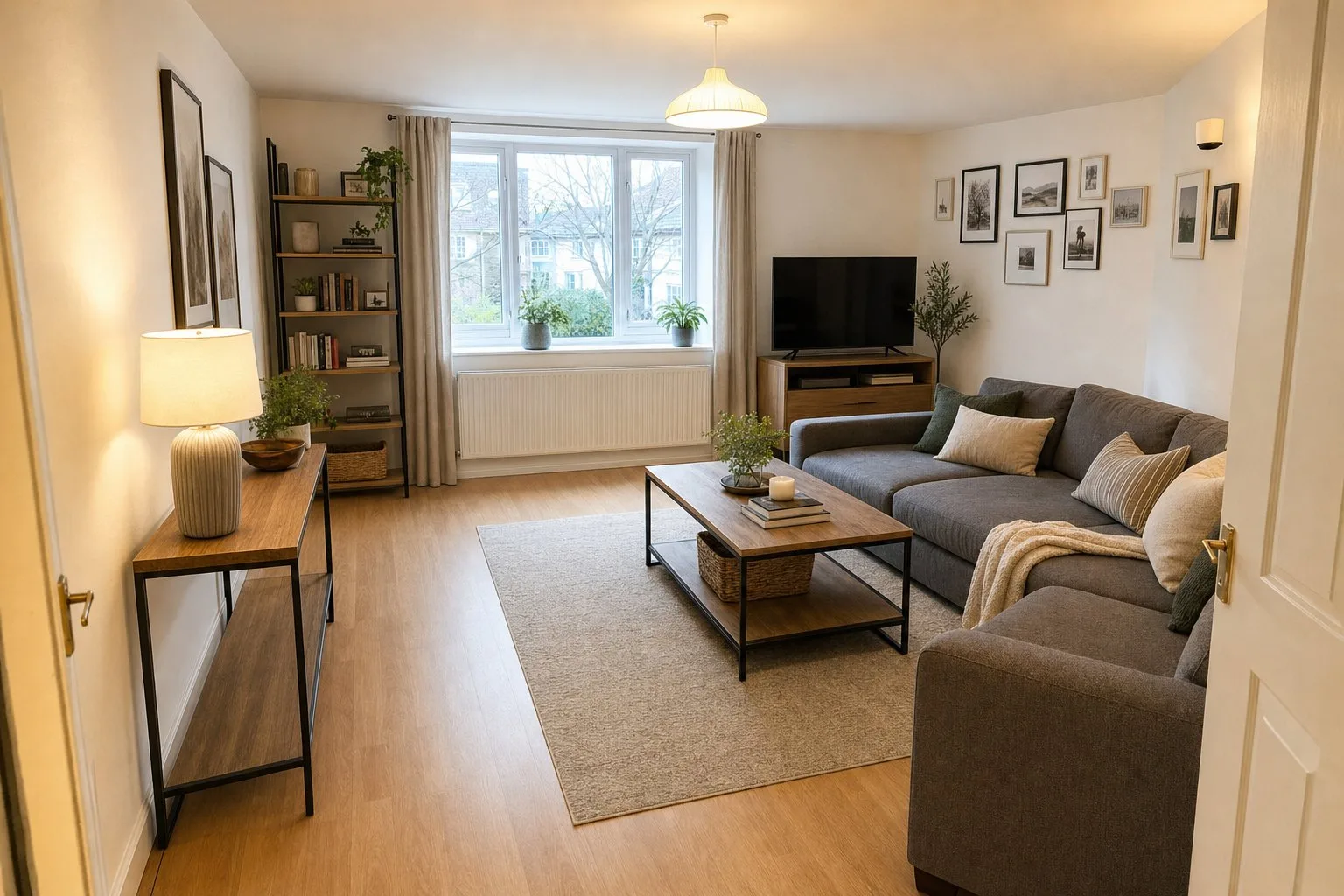 Living room decluttered versus staged in Modern — Staged