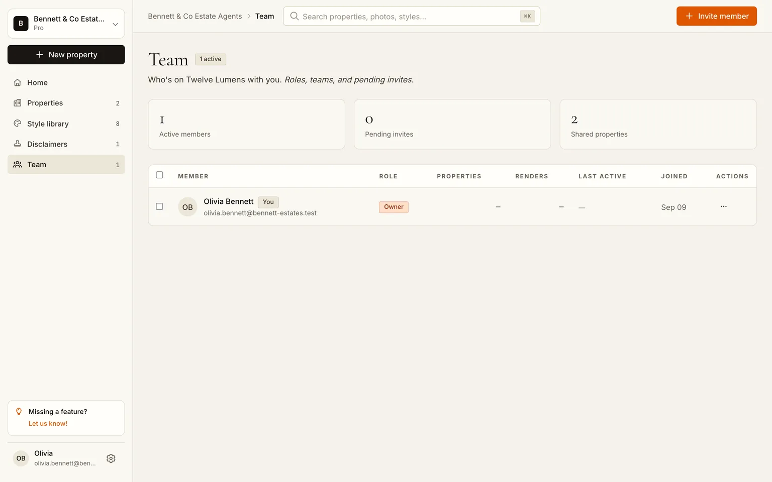 The team page of a workspace with members and an invite form