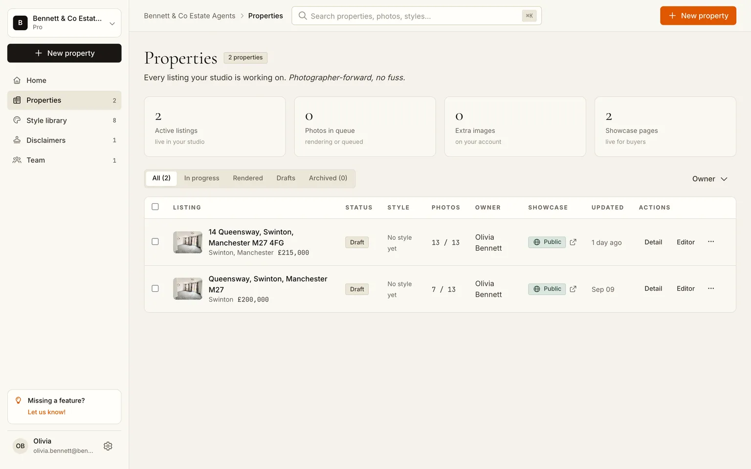 The properties overview with several listings and their render counts