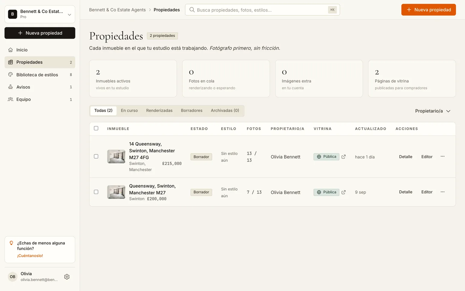 La vista general de propiedades con varios anuncios y su número de renders