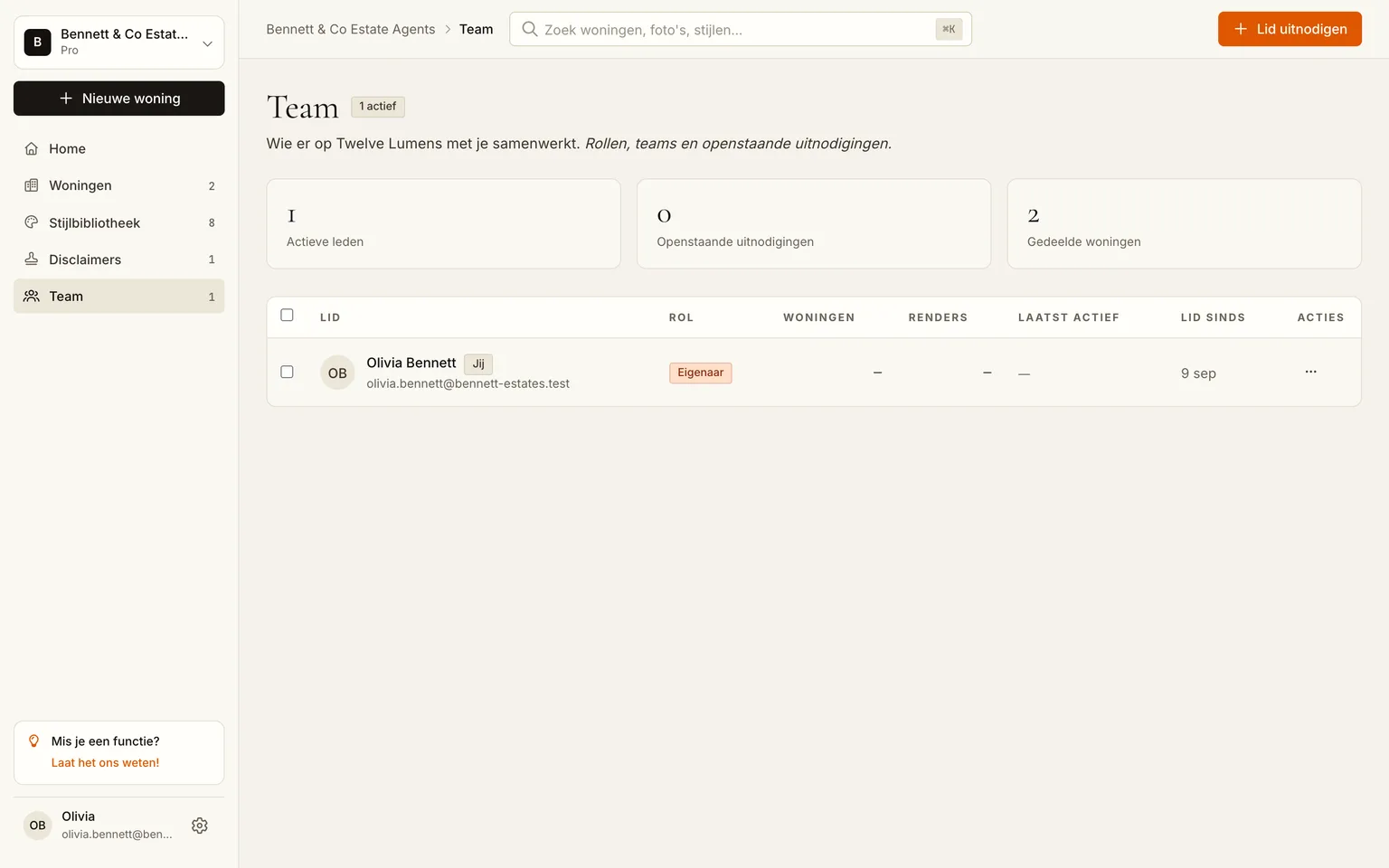 De teampagina van een werkruimte met leden en een uitnodigingsformulier