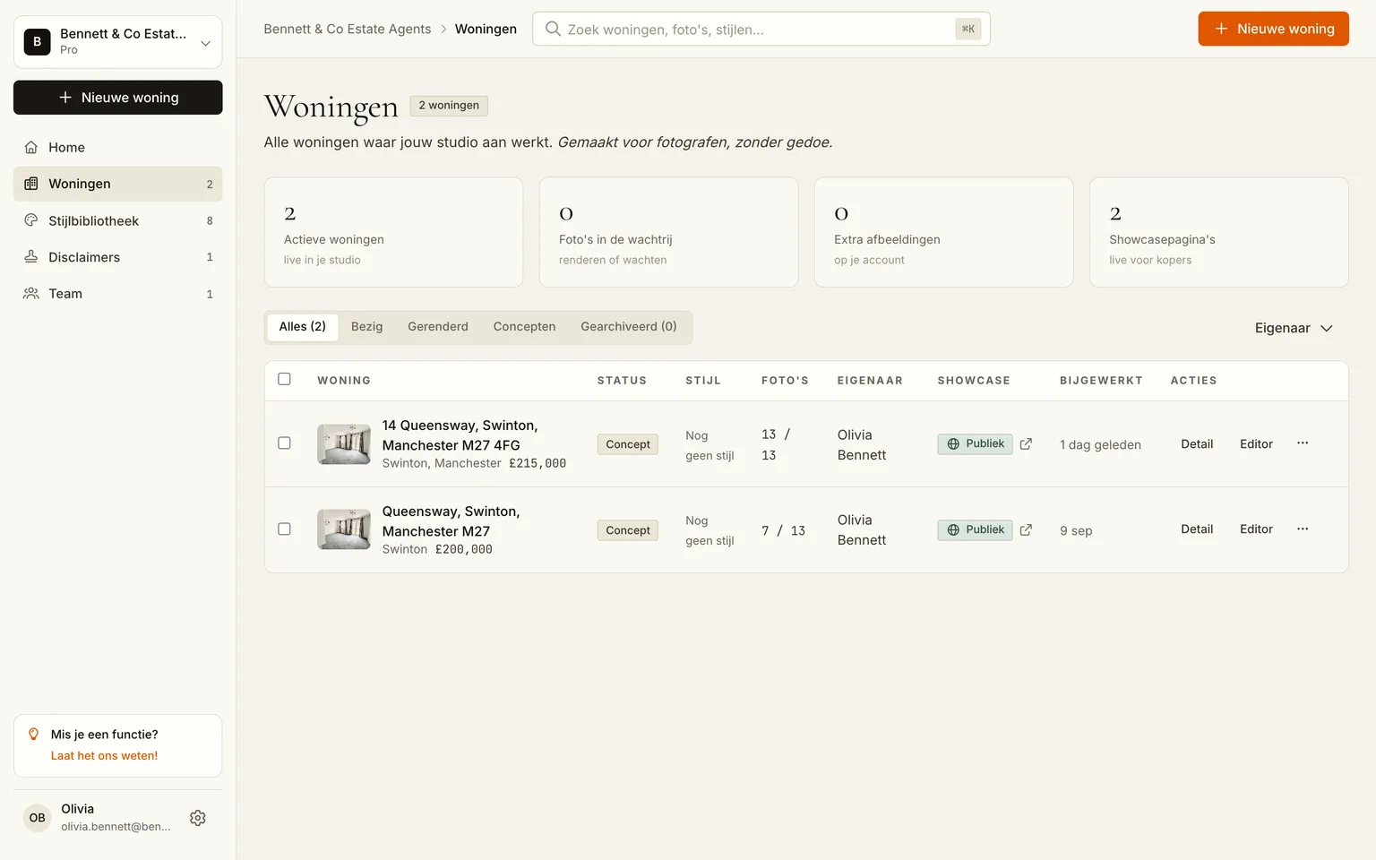 Het woningoverzicht met meerdere listings en hun aantal renders