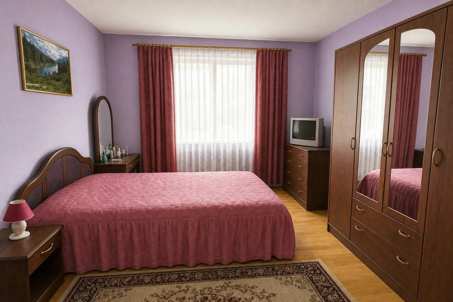 Dated CGI bedroom from the plastic era, re-rendered with natural fabrics and believable light. — After