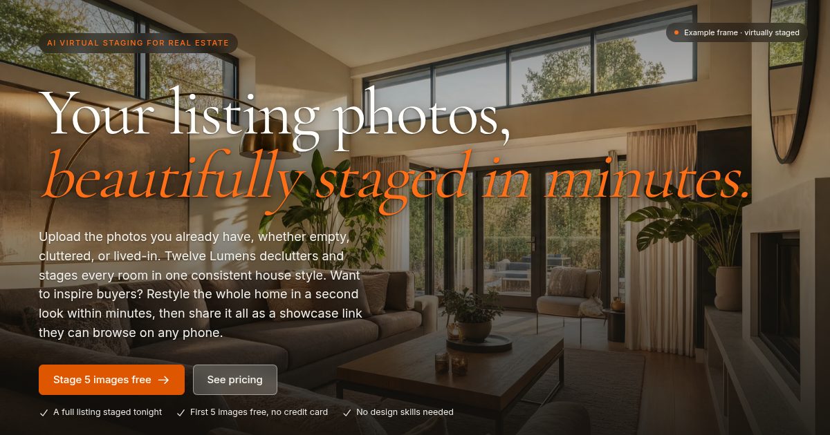 Screenshot of Twelve Lumens, AI virtual staging that styles a whole listing in one consistent look