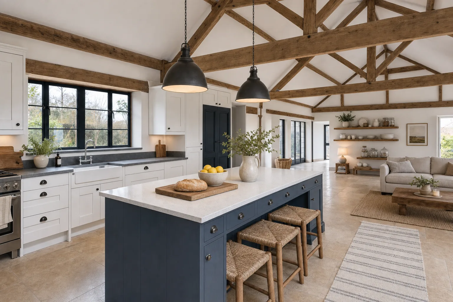 A barn-style open plan with a big island — In this style