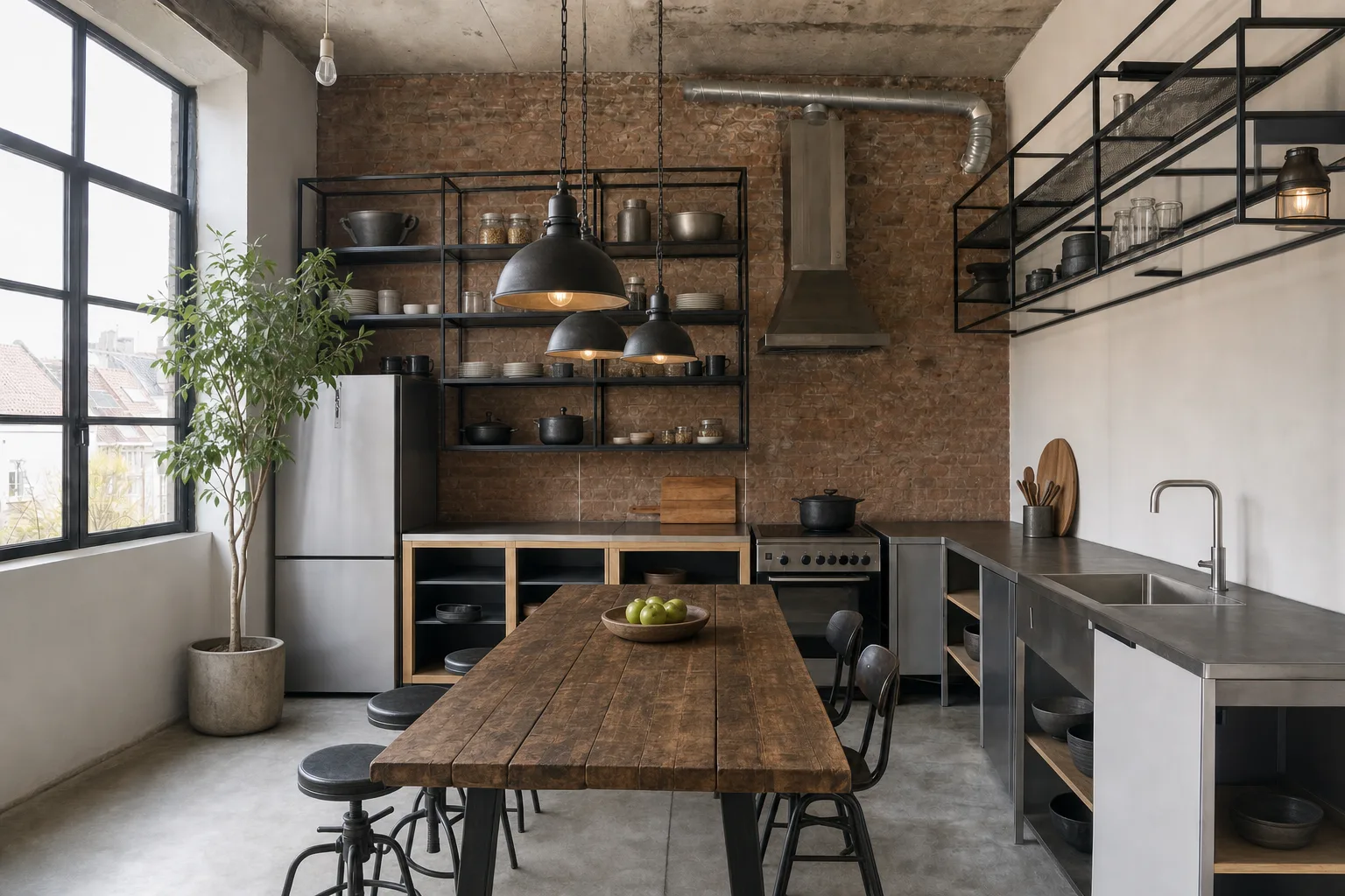 The industrial kitchen and dining room — In this style