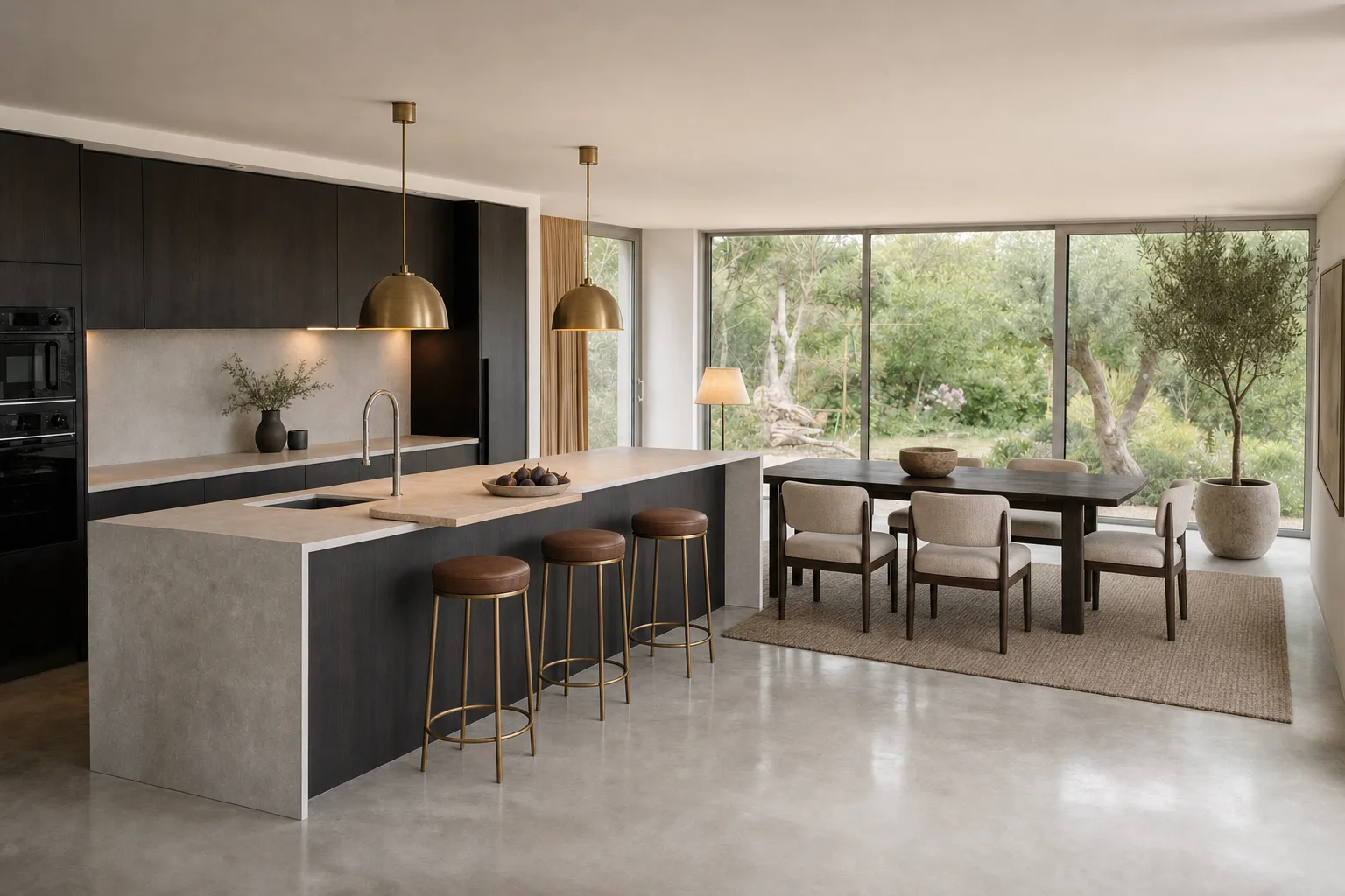 An open-plan kitchen behind floor-to-ceiling glass — In this style
